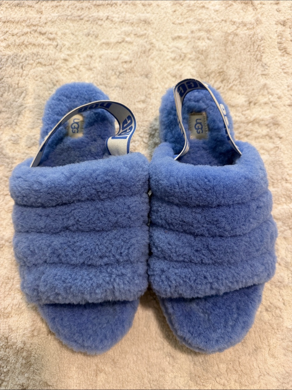 UGG Lavender Blue Fluff Slide Sandals with Elastic Heel Strap